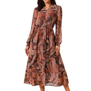Women's Boho Dress V Neck Long Sleeve Floral Tiered Flowy Midi Dresses Black